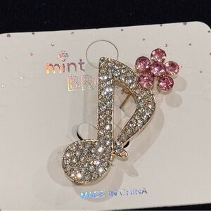 NWT Mint Rhinestone Music Note & Flower Brooch Pin Pink